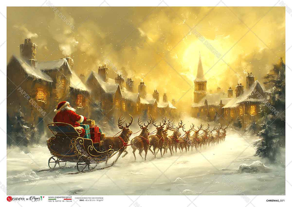 Santa on sleigh pulled by reindeer through snowy town. Beautiful Rice Paper of Exquisite Quality for Decoupage crafts.