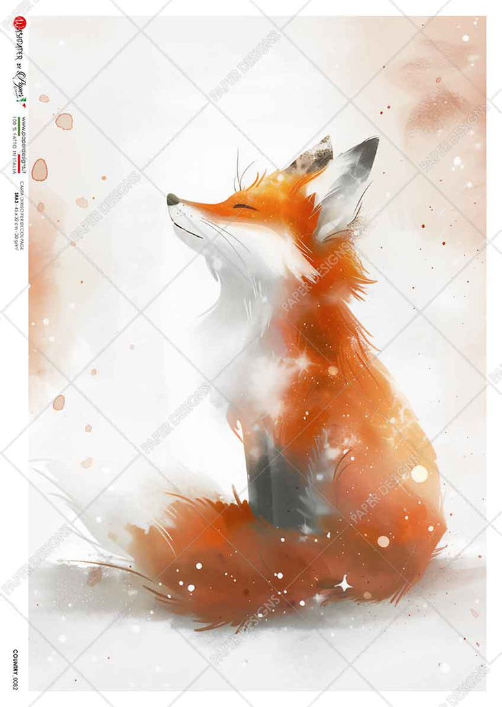 red fox in snow. Beautiful Rice Paper of Exquisite Quality for Decoupage crafts.