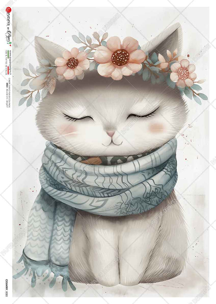 White cat wearing blue scarf and flower crown. Beautiful Rice Paper of Exquisite Quality for Decoupage crafts.