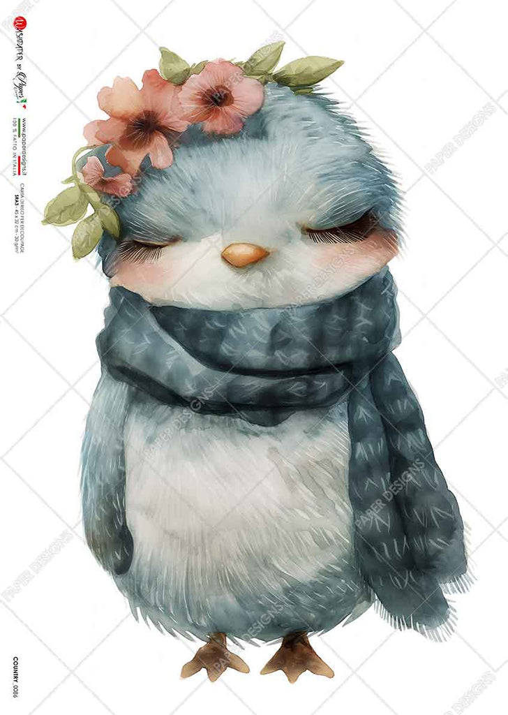 Blue bird wearing dark scarf and pink flower crown. Beautiful Rice Paper of Exquisite Quality for Decoupage crafts.