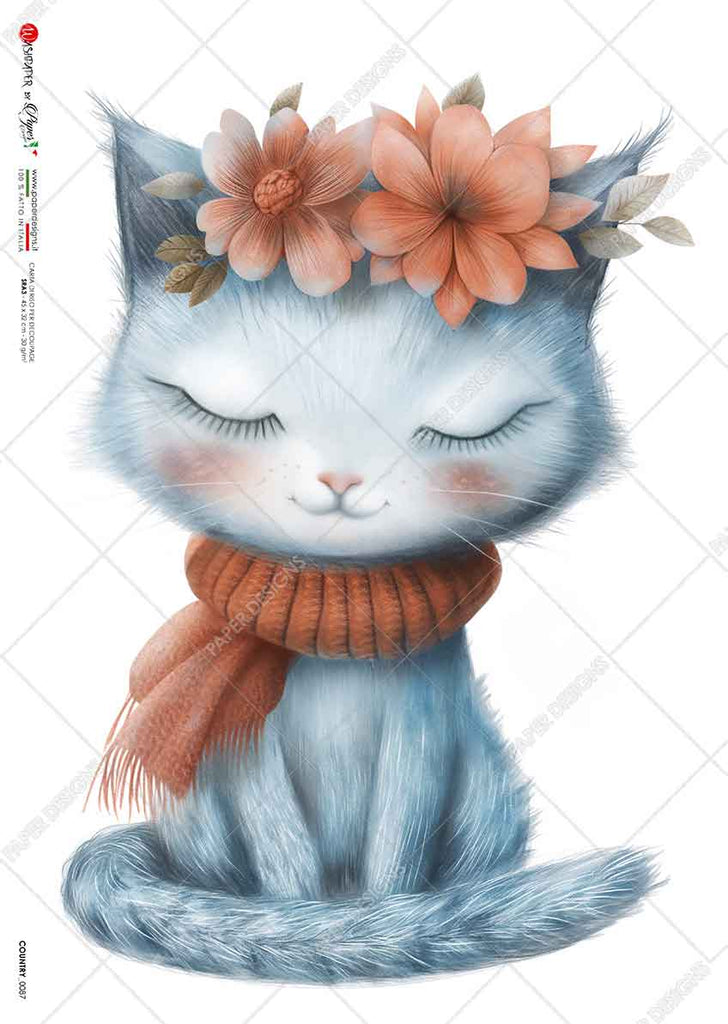 Grey cat wearing red scarf and flower crown. Beautiful Rice Paper of Exquisite Quality for Decoupage crafts.