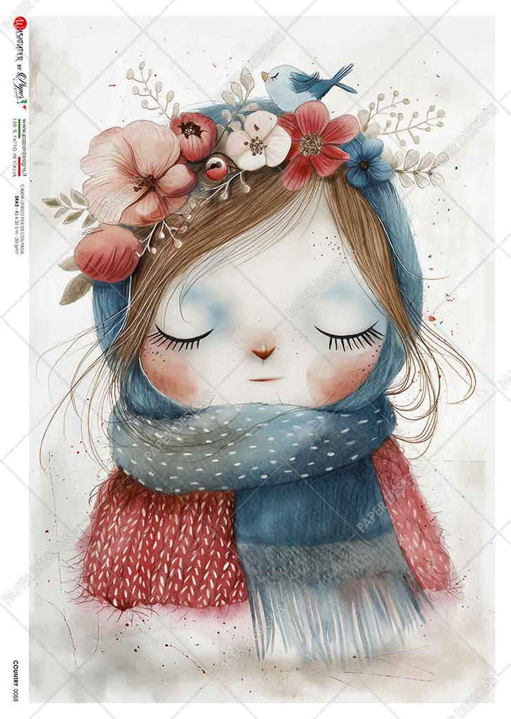 Girl wearing red sweater and blue scarf with pink flower crown. Beautiful Rice Paper of Exquisite Quality for Decoupage crafts.