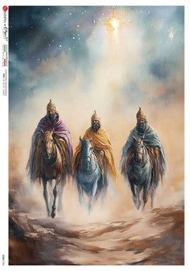 3 wise men riding horses under star in night sky. Beautiful Rice Paper of Exquisite Quality for Decoupage crafts.