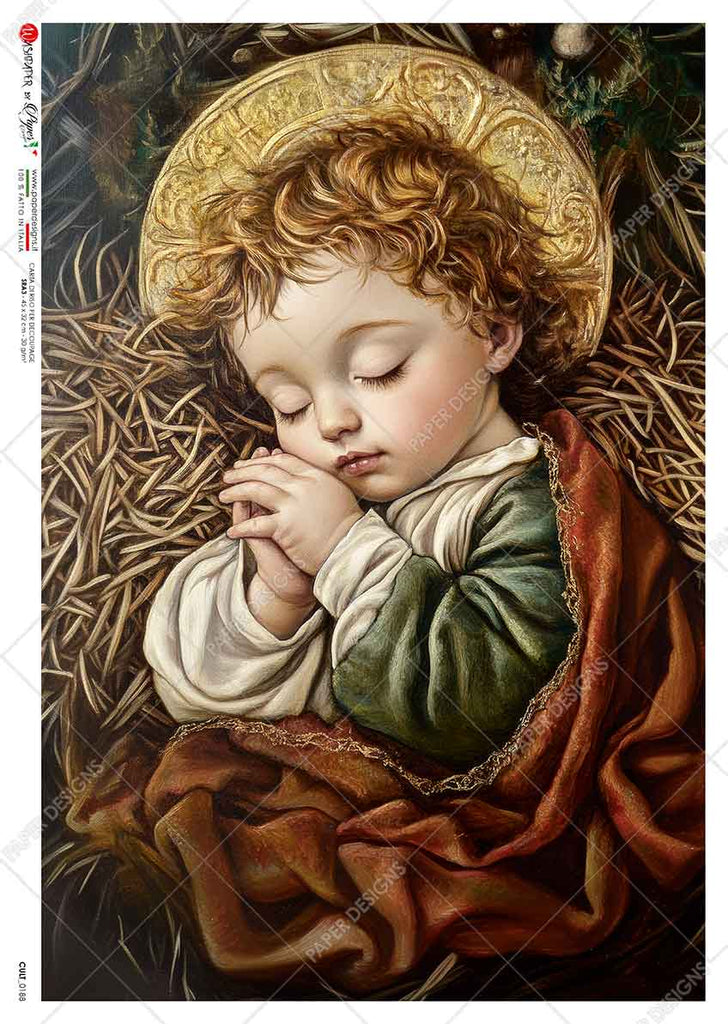 Baby Jesus with golden halo sleeping in hay. Beautiful Rice Paper of Exquisite Quality for Decoupage crafts.