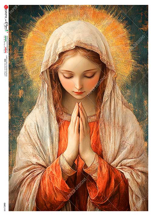 Painting of a woman in prayer with a halo, wearing an orange and white robe.