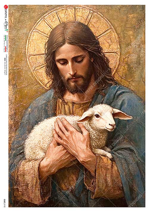 Painting of a robed figure holding a lamb with a gold halo
