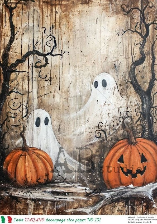 2 ghosts and 2 orange pumpkins in spooky forest. AB Studio A4 Rice Paper for Decoupage art.