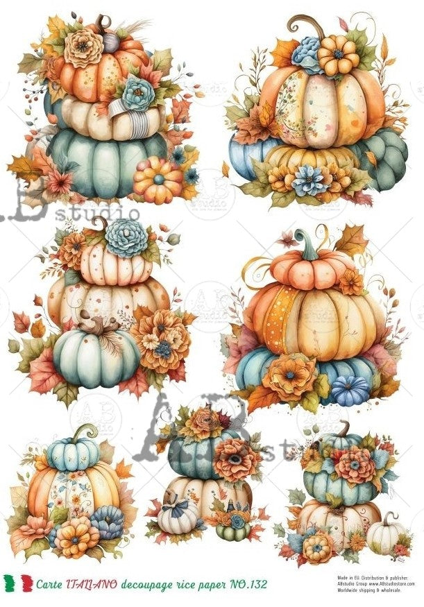 7 scenes of orange and blue-green stacked pumpkins. AB Studio A4 Rice Paper for Decoupage art.