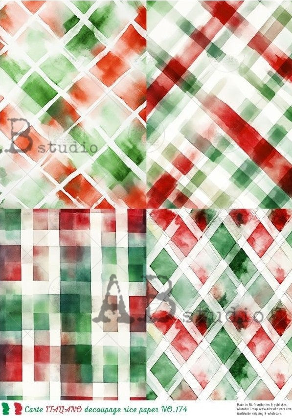 4 images of red green plaid holiday patterns. AB Studio A4 Rice Paper for Decoupage art.