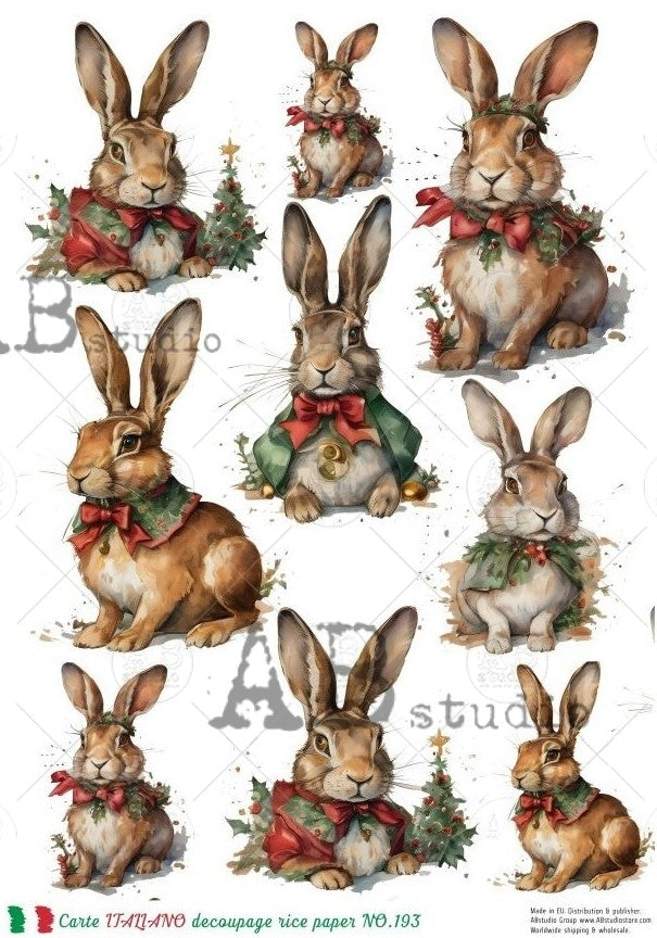 9 rabbits in Christmas clothing with red bow. AB Studio A4 Rice Paper for Decoupage art.