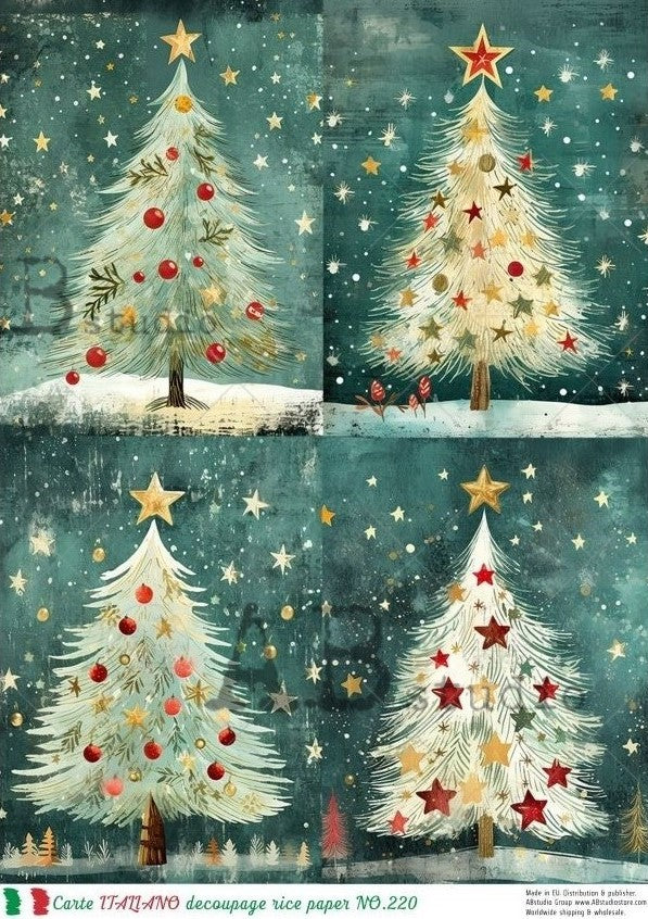 4 scenes of Christmas trees and stars ornaments. Starry night in snow. AB Studio A4 Rice Paper for Decoupage art.