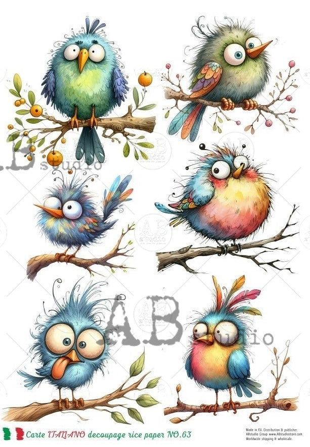 Cartoonish blue, green red big-eyed birds on branches. AB Studio A4 Rice Paper for Decoupage art.