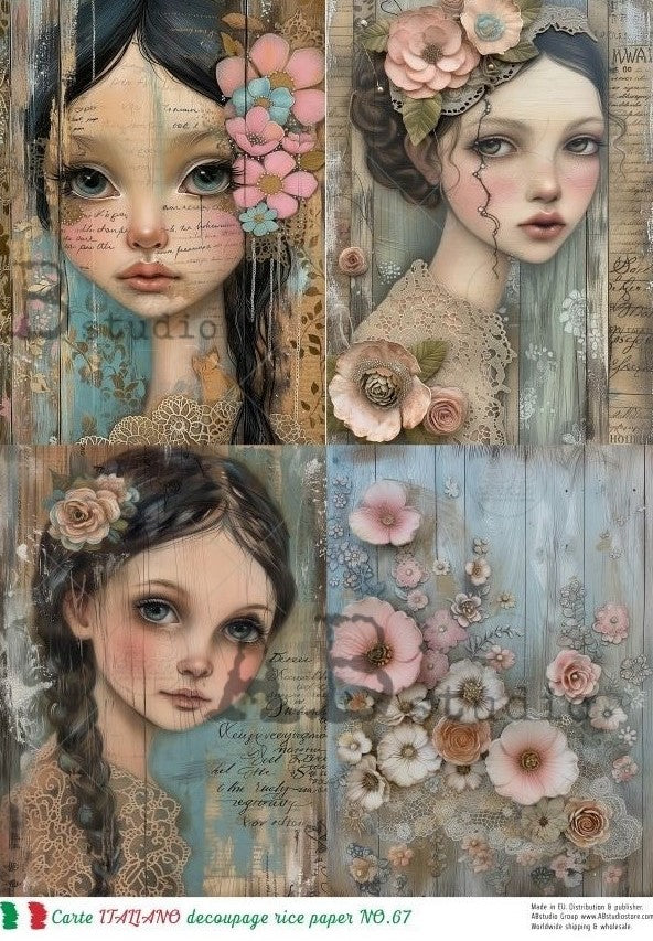 Big eyed youthful girls with pink flowers in hair AB Studio A4 Rice Paper for Decoupage art.