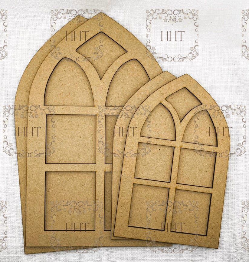 Handcrafted Holiday Traditions Set of 2 Cathedral Windows MDF 2 piece brown wood shape.