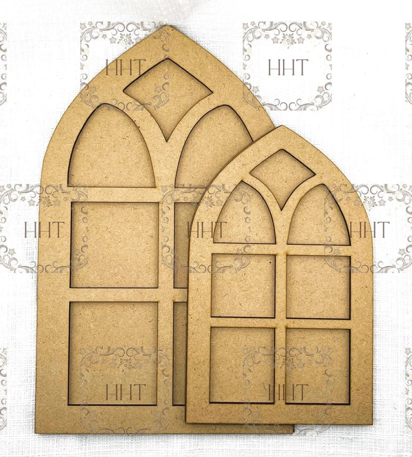 Handcrafted Holiday Traditions Set of 2 Cathedral Windows MDF 2 piece brown wood shape.