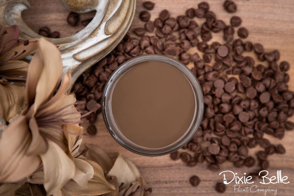 Jar of Dixie Belle chalk mineral paint in the color of Chocolate Brown
