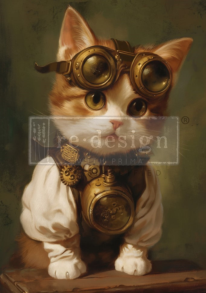 ReDesign with Prima's Clockwork Kitty A1 size Tear Resistant Decoupage Paper with orange and white kitten with big olive colored eyes in steampunk goggles and gear.