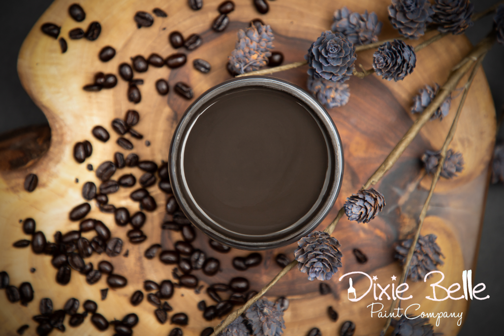 Jar of Dixie Belle chalk mineral paint in the color of coffee bean brown