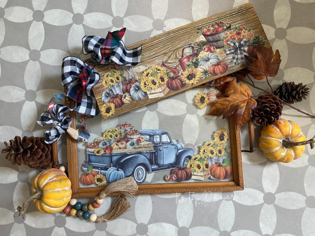 Blue truck with pumpkins sunflowers and baskets by Belles and Whistles Rub on Transfer Decal