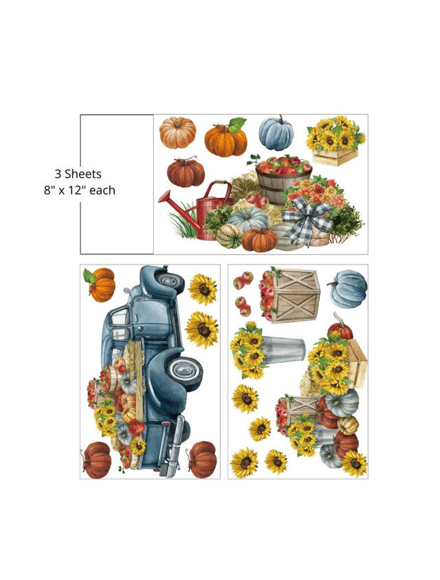 Blue truck with pumpkins sunflowers and baskets by Belles and Whistles Rub on Transfer Decal