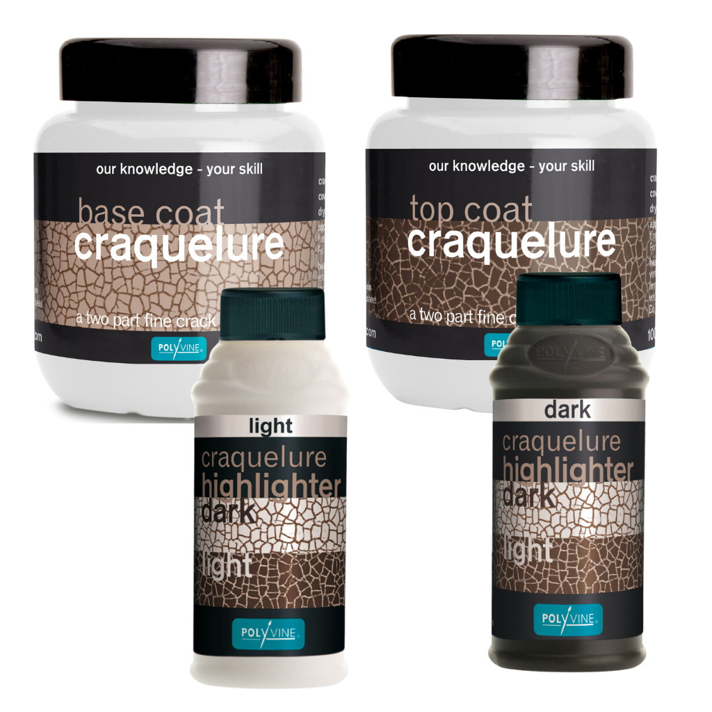 Polyvine Top Coat Craquelure System. Achieve a classic aged finish using a two-part clear acrylic system. Enhance the crackle effect with crack highlighter.