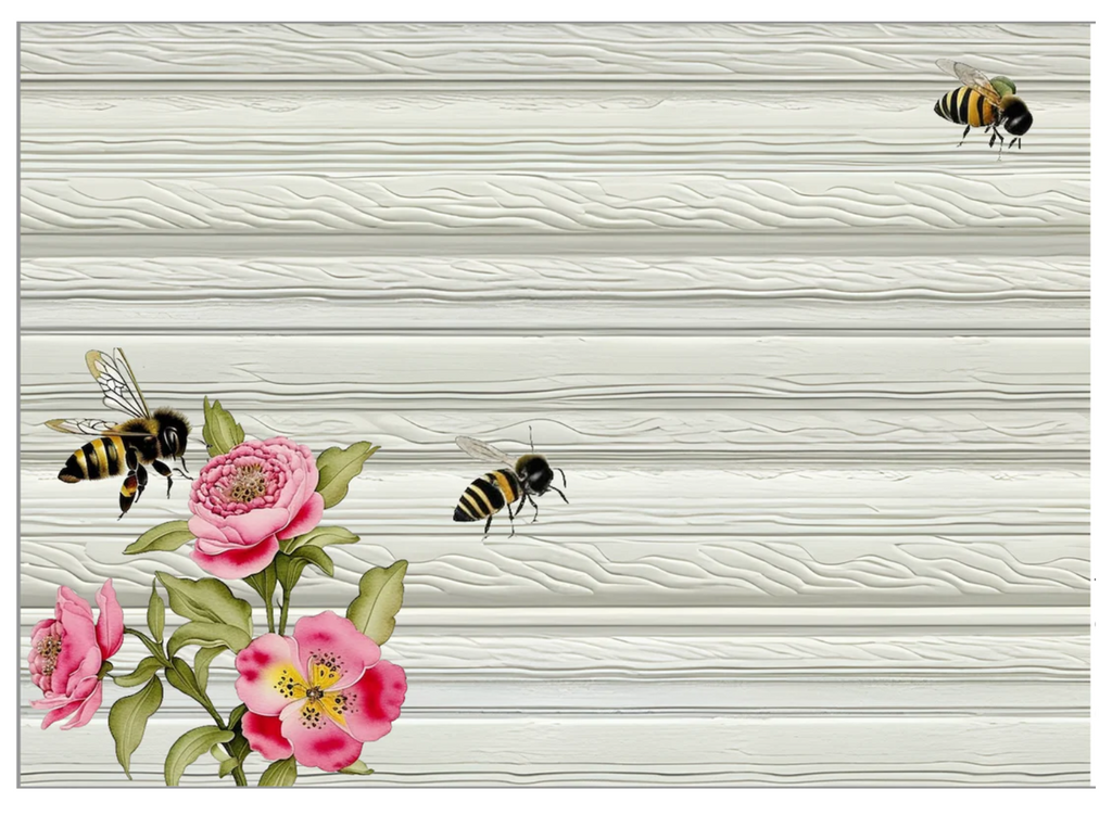White wood background with bees and flowers. A4 size Decoupage Paper from Decoupage Central for DIY Crafts and mixed media art.