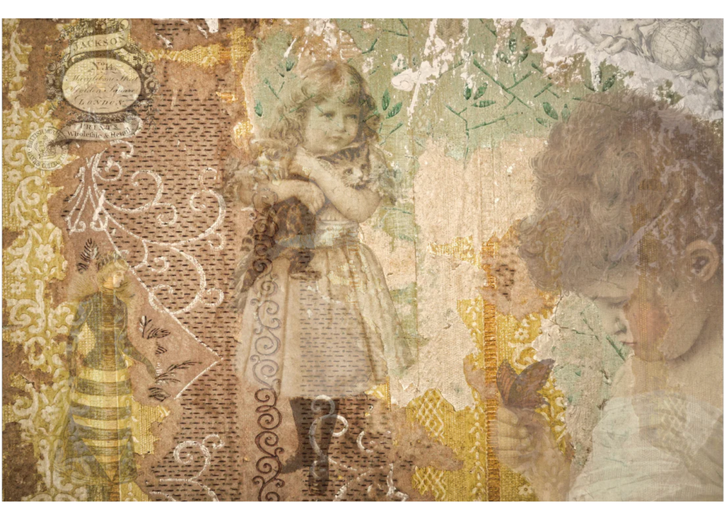 Vintage girl holding cat. A4 size Decoupage Paper from Decoupage Central for DIY Crafts and mixed media art.