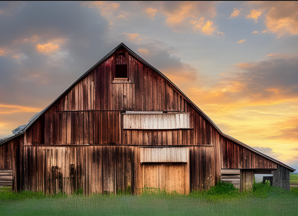 Old wooden brown barn in the country at sunset. A4 size Decoupage Paper from Decoupage Central for DIY Crafts and mixed media art.