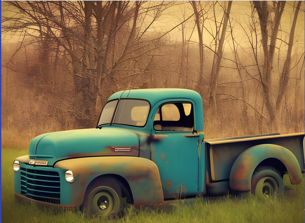 Teal country truck in meadow. A4 size Decoupage Paper from Decoupage Central for DIY Crafts and mixed media art.