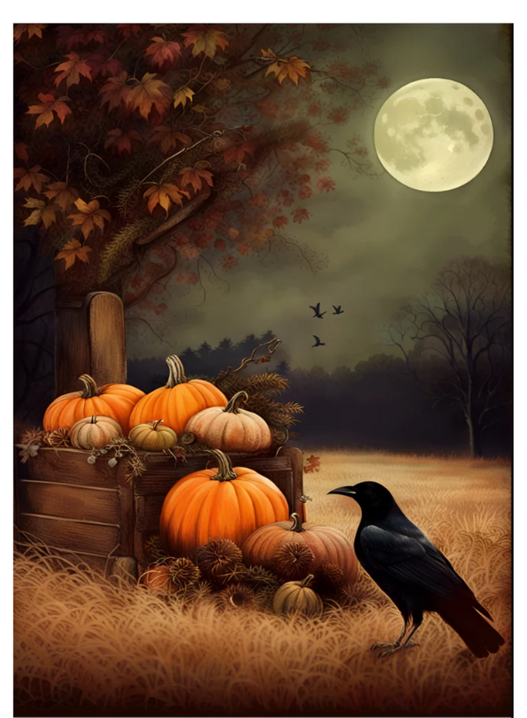 Black crow with pumpkins under fall moon. A4 size Decoupage Paper from Decoupage Central for DIY Crafts and mixed media art.