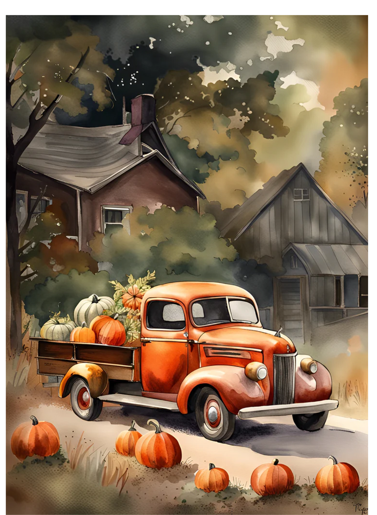 Orange truck on farm with pumpkins. A4 size Decoupage Paper from Decoupage Central for DIY Crafts and mixed media art.