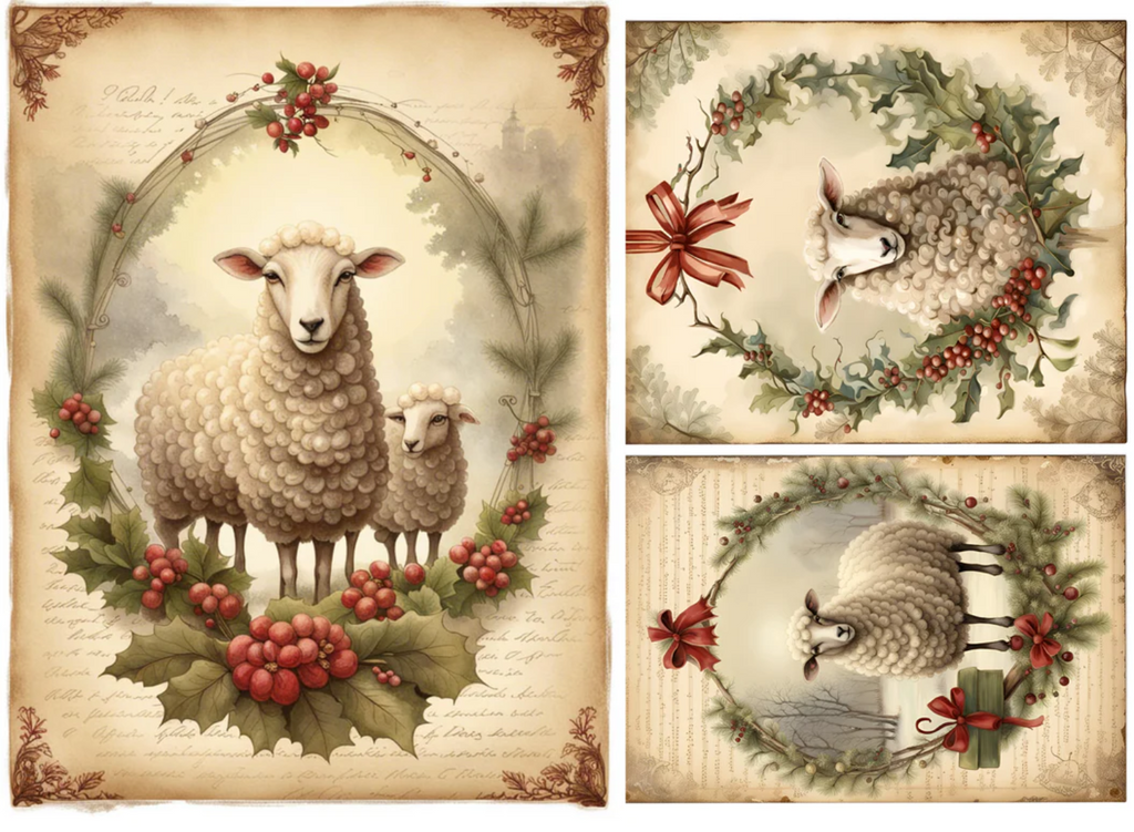 3 scenes of Sheep in frame with berries. A4 size Decoupage Paper from Decoupage Central for DIY Crafts and mixed media art.