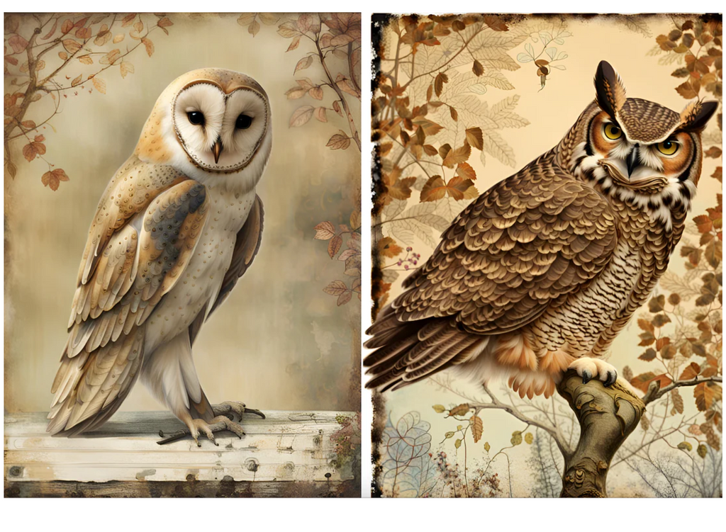 2 pictures of owls in trees. A4 size Decoupage Paper from Decoupage Central for DIY Crafts and mixed media art.