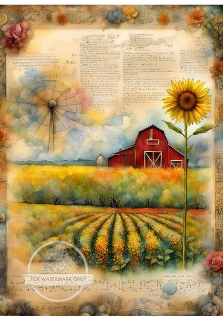 Red barn with Sunfflower field scene with Script writing at top. A4 Decoupage Paper by Decoupage Central.