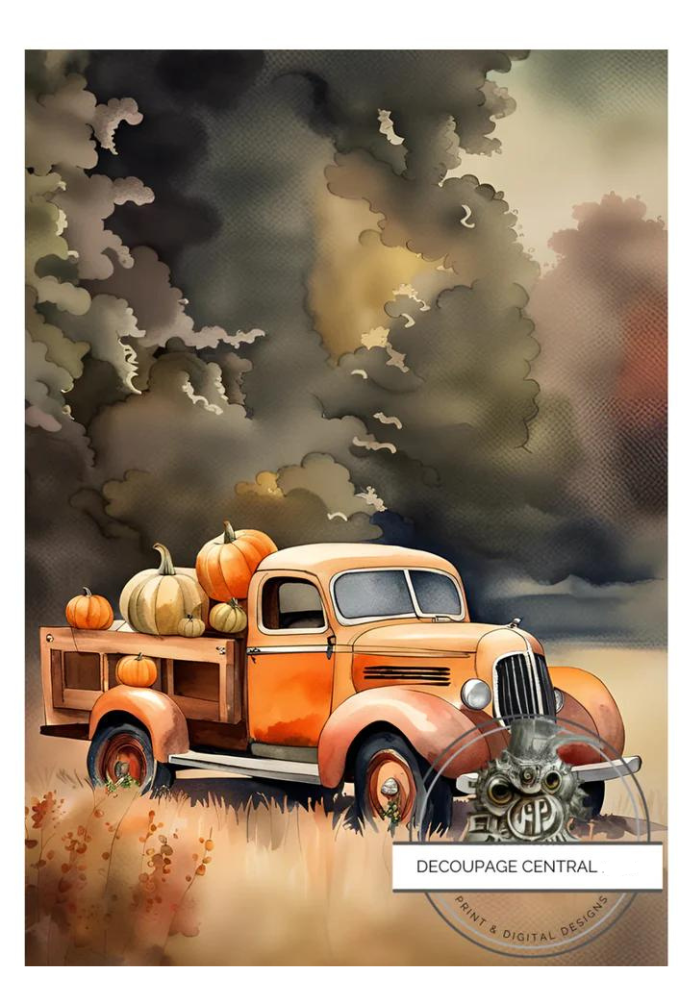 Orange truck in field with pumpkins. A4 size Decoupage Paper from Decoupage Central for DIY Crafts and mixed media art.