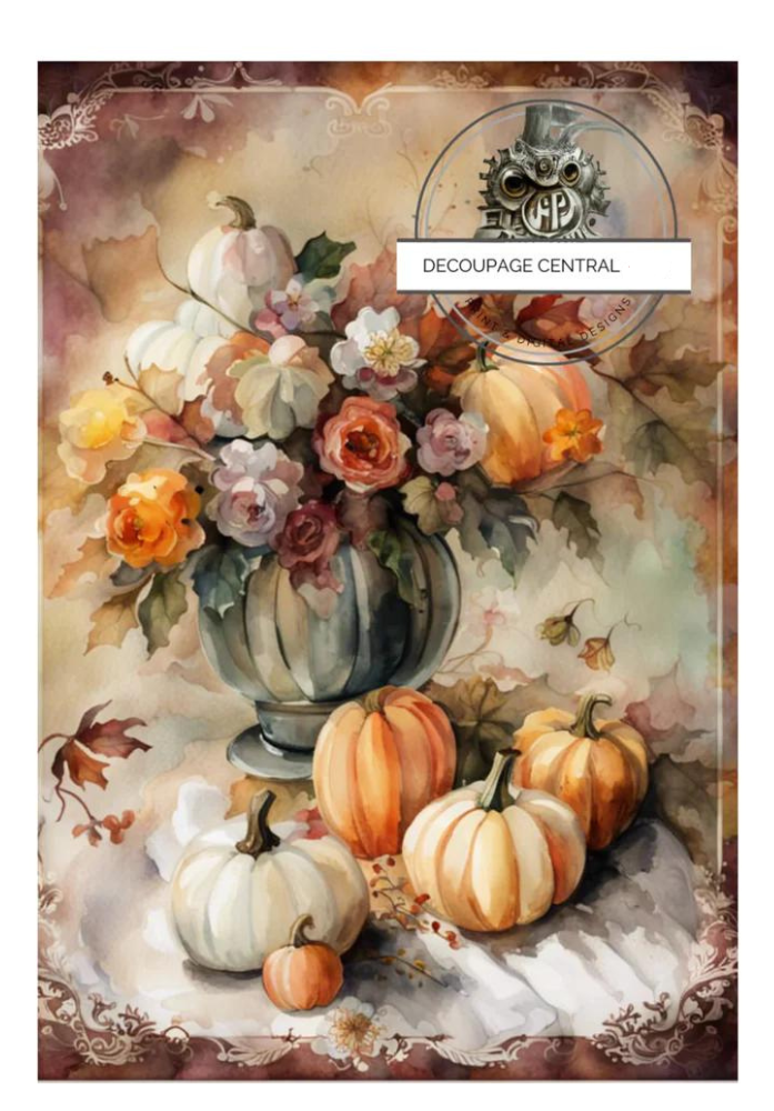 Flowers in vase with pumpkins on table. A4 size Decoupage Paper from Decoupage Central for DIY Crafts and mixed media art.