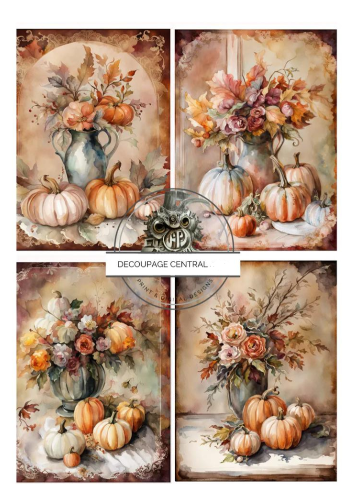 4 scenes of pumpkins and flowers in vase. Oranges and burgundy tones. A4 size Decoupage Paper from Decoupage Central for DIY Crafts and mixed media art.