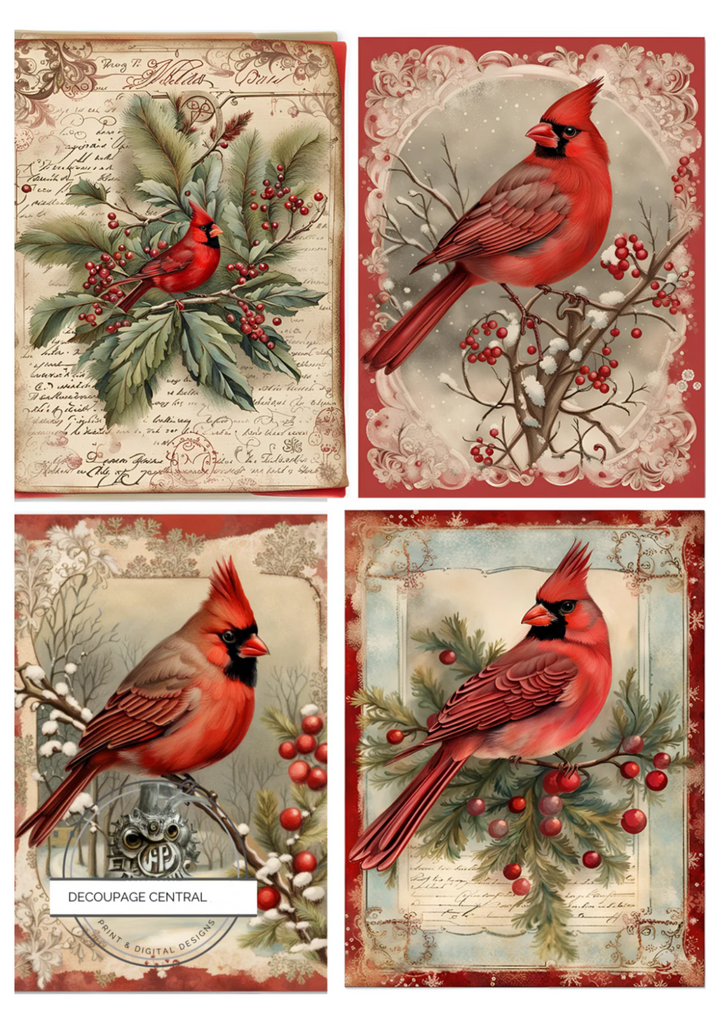 4 scenes of red cardinals on red holly branches with greenery. A4 size Decoupage Paper from Decoupage Central for DIY Crafts and mixed media art.
