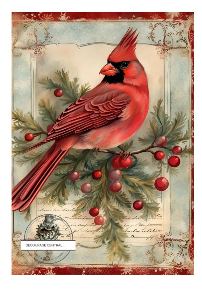 Red cardinal on holly branch. A4 size Decoupage Paper from Decoupage Central for DIY Crafts and mixed media art.