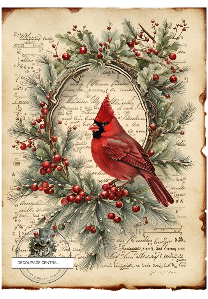 Red cardinal in frame with red berries and greenery. A4 size Decoupage Paper from Decoupage Central for DIY Crafts and mixed media art.