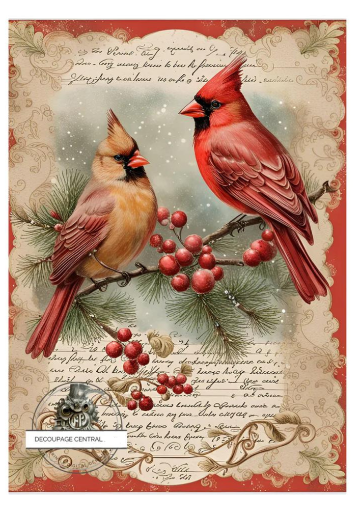 2 cardinals, male and female on branch with red berries. A4 size Decoupage Paper from Decoupage Central for DIY Crafts and mixed media art.