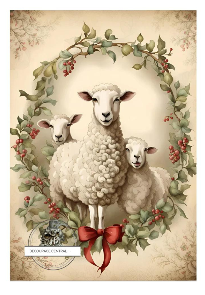 3 sheep in one frame adorned with greenery. A4 size Decoupage Paper from Decoupage Central for DIY Crafts and mixed media art.