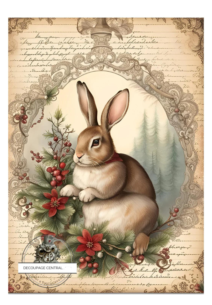 Bunny in Frame with poinsettia. A4 size Decoupage Paper from Decoupage Central for DIY Crafts and mixed media art.