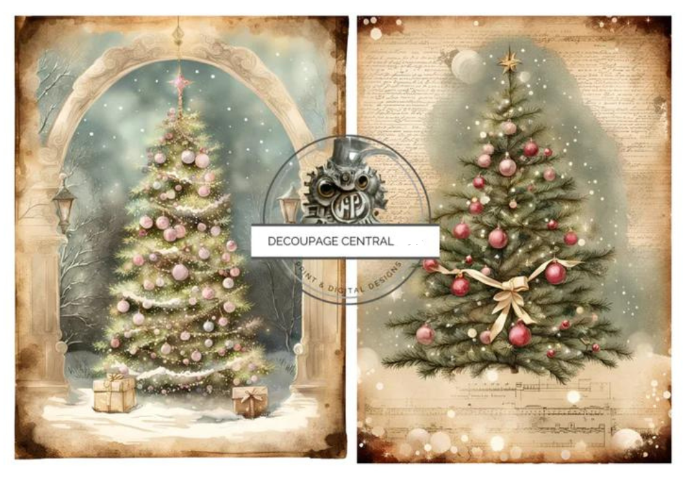 2 ornamental Christmas trees. A4 size Decoupage Paper from Decoupage Central for DIY Crafts and mixed media art.