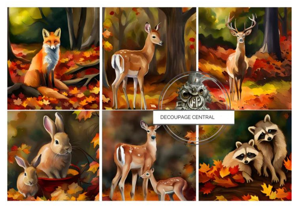 6 scenes of forest animals, deer, bunny, raccoon and fox. in orange leaves forest. A4 rice paper.