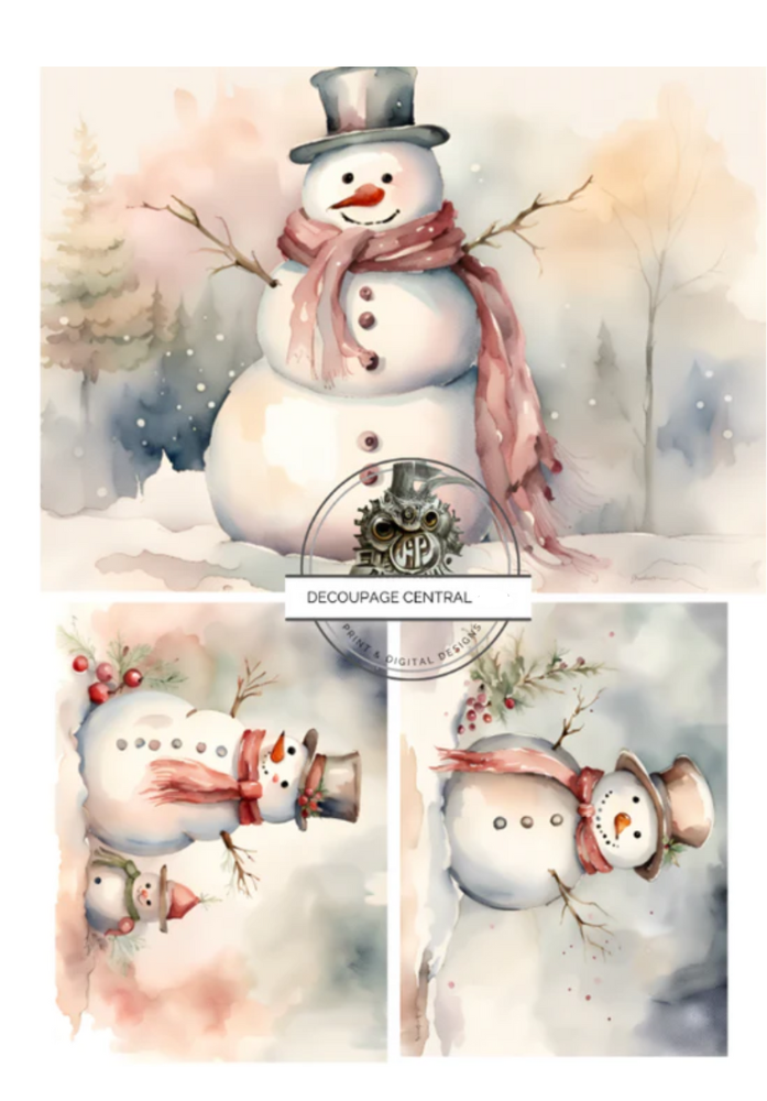 3 snowman with black hat and pink scarf. A4 size Decoupage Paper from Decoupage Central for DIY Crafts and mixed media art.