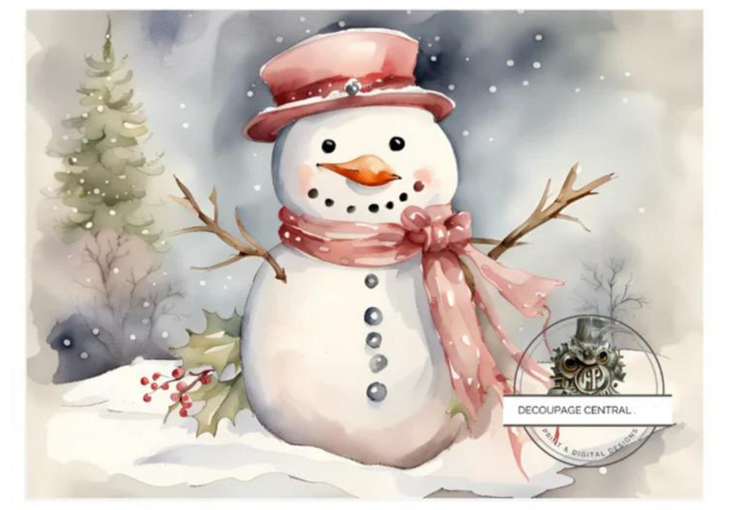 Snowman with pink hat and pink scarf. A4 size Decoupage Paper from Decoupage Central for DIY Crafts and mixed media art.