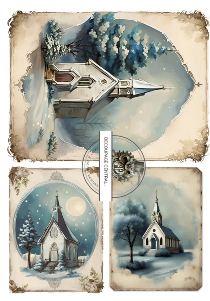 3 scenes of country church in snow. A4 size Decoupage Paper from Decoupage Central for DIY Crafts and mixed media art.