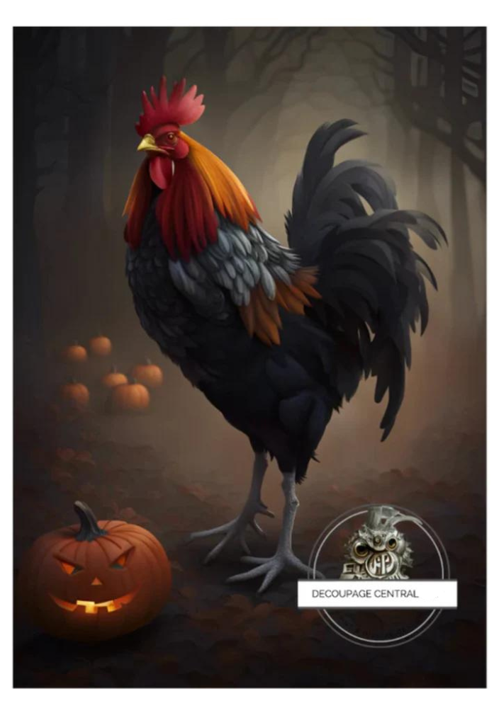A colorful Rooster with pumpkins in dark forest. A4 size Decoupage Paper from Decoupage Central for DIY Crafts and mixed media art.