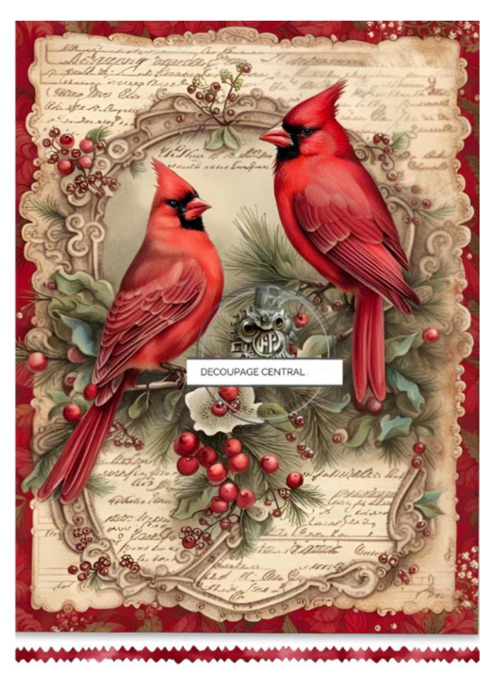 Two red cardinals on holly branches. A4 size Decoupage Paper from Decoupage Central for DIY Crafts and mixed media art.